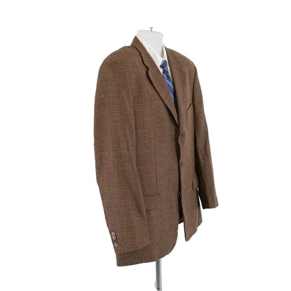 Talbots Men Brown Tan Gray Check‎ Tweed Wool 3 Button Sport Coat 42R